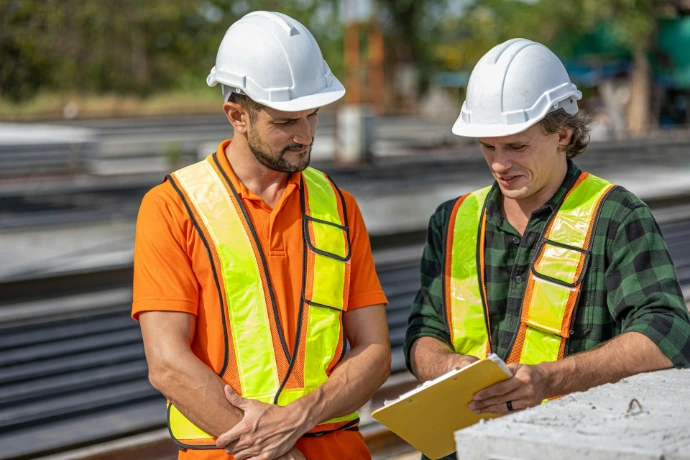 Los trabajadores de la construcción revisan los planos en el lugar de trabajo.